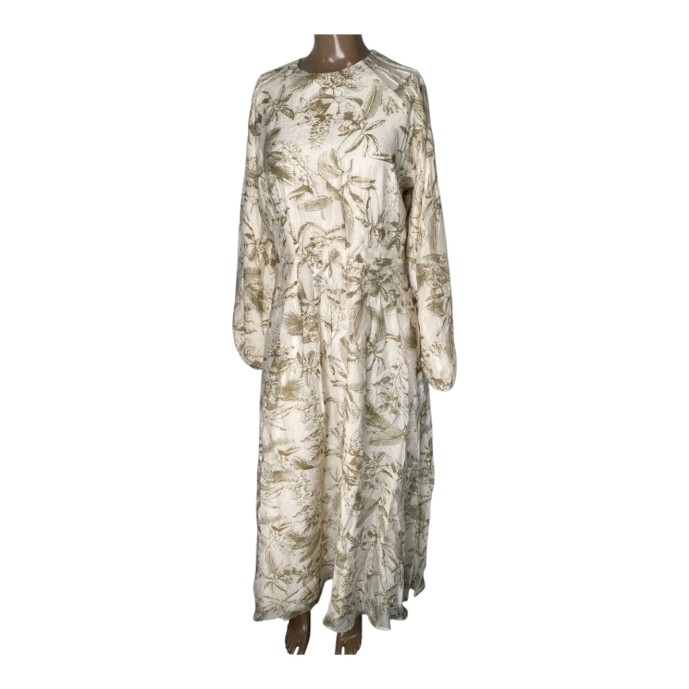 Static Womens Dress Beige Size XL Olive Leafy Print Long Sleeve Midi Fit & Flare - Picture 2 of 10